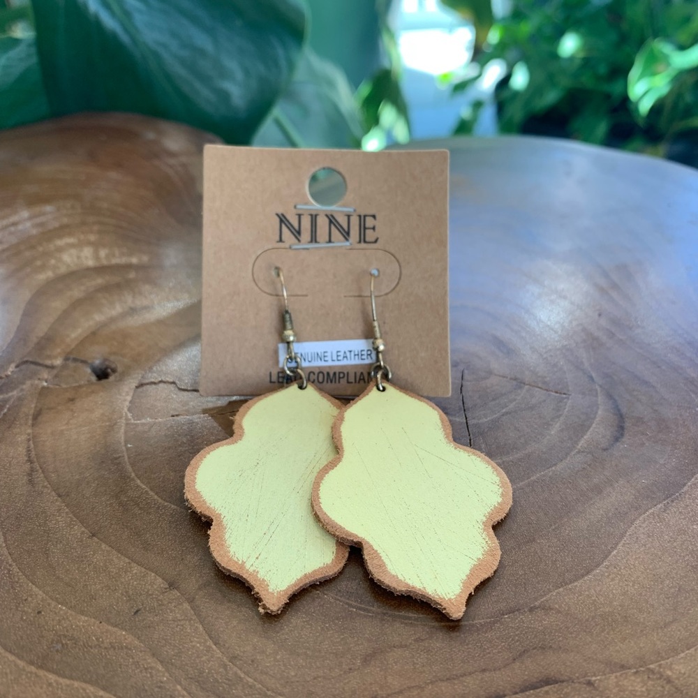 Genuine leather painted pastel yellow Moroccan shape earrings